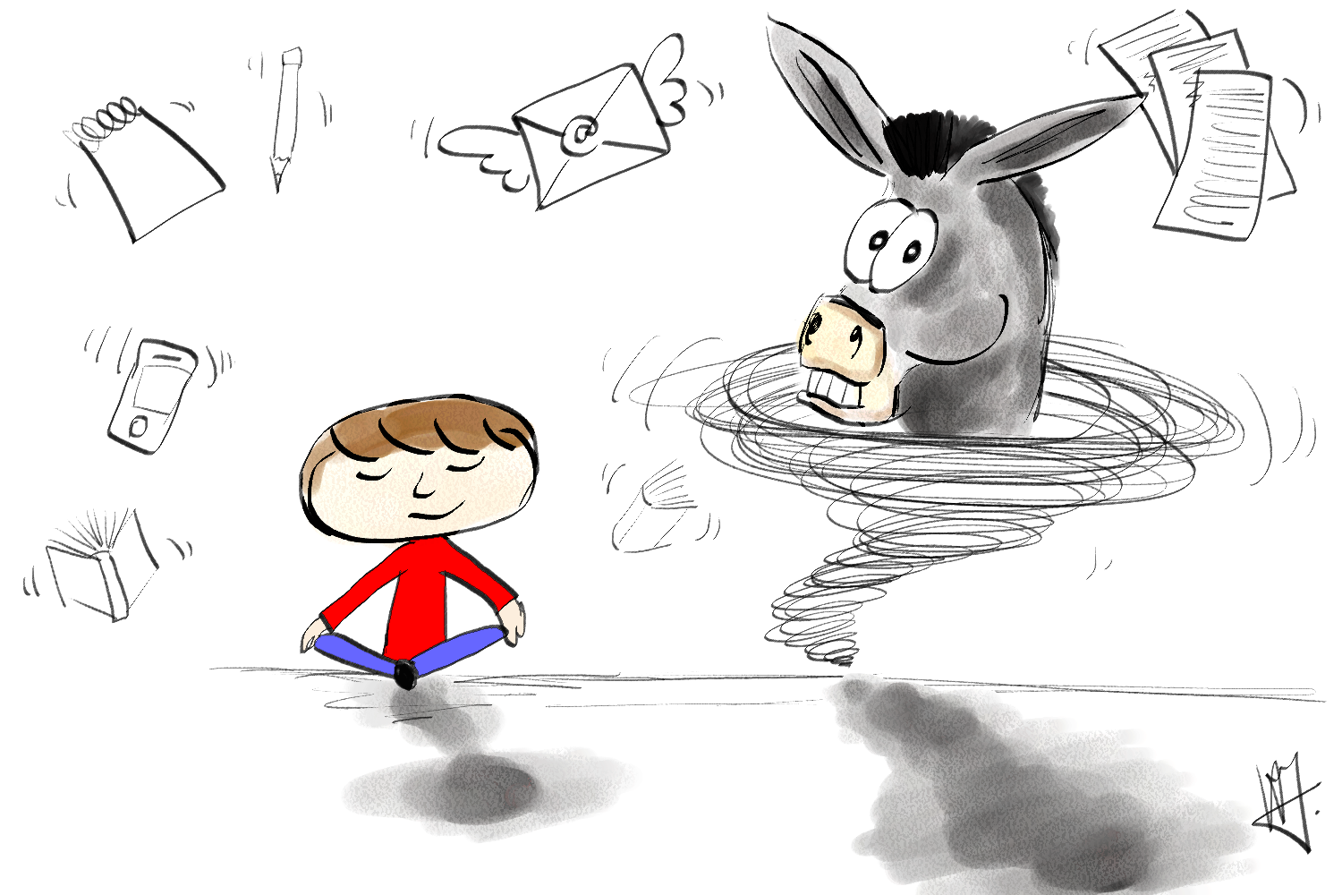 Cartoon person sitting amongst a whirlwind of things including Derek the Donkey in an actual whirlwind