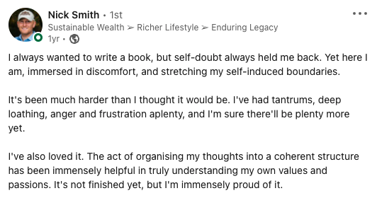 Screenshot: I always wanted to write a book but self-doubt always held me back. Yet here I am, immersed in discomfort, and stretching my self-induced boundaries.