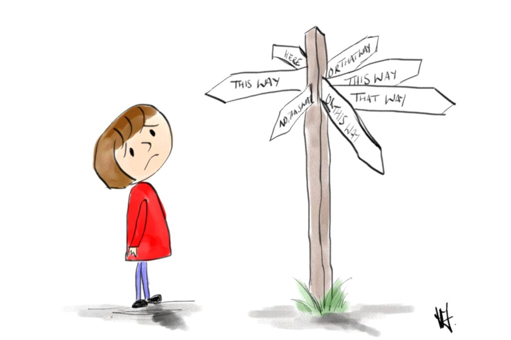 Cartoon of white girl in red dress looking confused in front of a many-fingered signpost