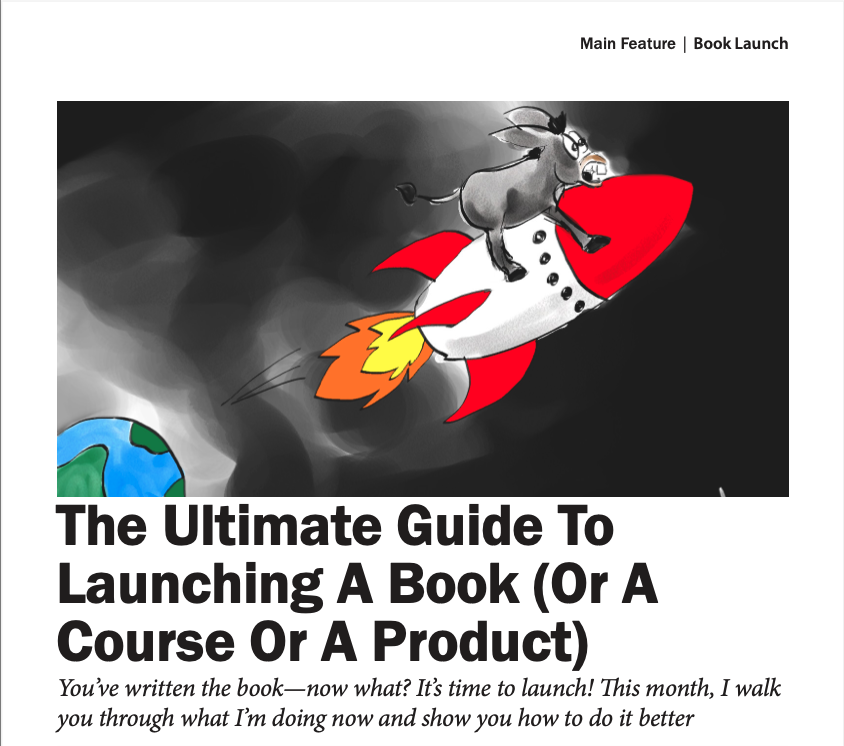 Cartoon of Derek the Donkey on a red and white rocket, speeding away from Earth with the headline “The ultimate guide to launching a book (or a course or a product)